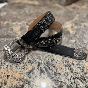 Tony Lama Black Leather Belt with Silver Rhinestone Accents